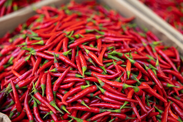 Chili peppers in a box. Asian market stall int he city.  Exotic, vegetarian, ingredients, spice and vegetables.