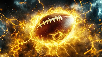 Electrifying American football surrounded by yellow lightning, bursting with intense energy and force.