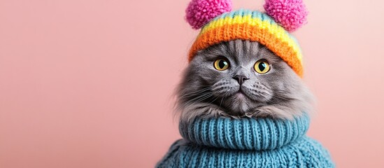 Gray Siberian Cat Wearing a Knit Hat and Sweater On Pink Background. Copy Space For Add Text. 3D Illustration. Generate Ai Image