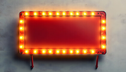 Red retro billboard lightbox or blank shining signboard with yellow glowing neon light bulbs isolated on white wall background with shadow