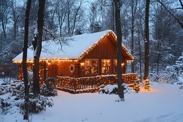 Cozy winter cabin with festive lights in snow