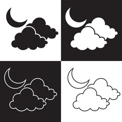 Cloud moon  icon set. Night time vector icon. Nighttime dream sign . Isolated on black and white background. Vector Illustration. EPS 10