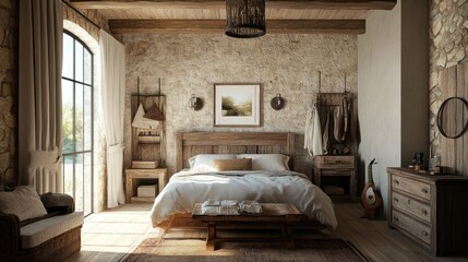 Elegant French country bedroom interior, combining rustic elements and modern touches, creating a peaceful and stylish space.