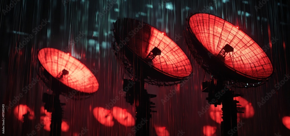 Poster red satellite dishes against a dark, illuminated background with cascading lights creating a futuris