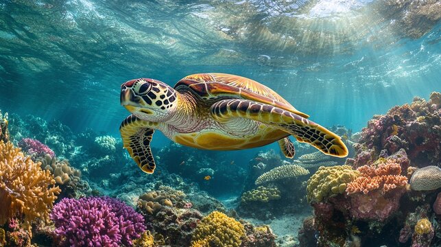 majestic green turtle swimming over a lively coral reef, underwater paradise with colorful tropical fish and vibrant sea life