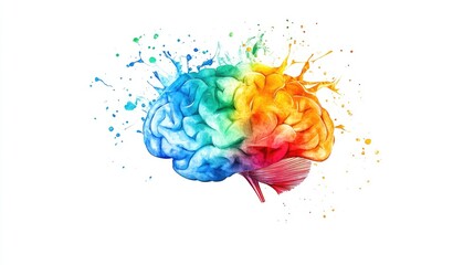 Abstract brain thriving under a rain of knowledge, with vibrant colors symbolizing growth and learning, on a clean white background