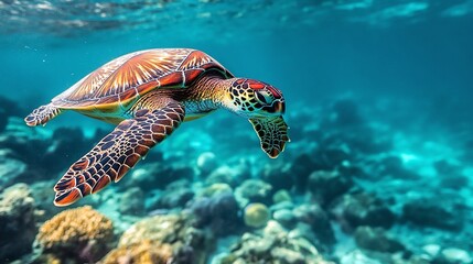 Obraz premium green turtle gracefully swimming in clear ocean water, vibrant coral reef below, tropical marine scene with rich underwater colors