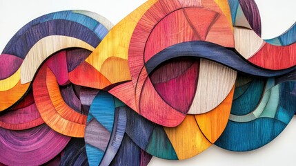 Fototapeta premium Colorful wooden abstract art piece with geometric patterns and flowing lines, set against a bright white background