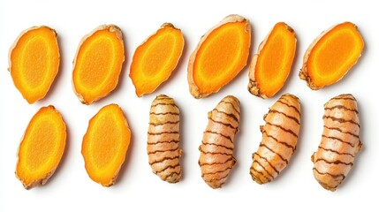 A fresh turmeric root with bright orange slices arranged neatly, isolated on white