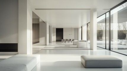 A modern, minimalist living room with a spacious and open-plan design. 