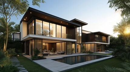 Fototapeta premium A modern two-story house with a sleek and minimalist design. 