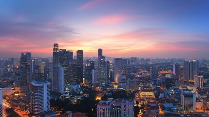 Fototapeta premium A city skyline at sunset with a beautiful orange sky
