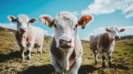 Fototapeta premium Three cows are standing in a field