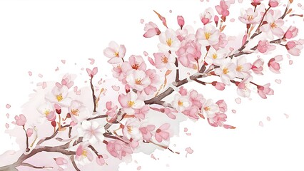 Obraz premium Watercolor spring blooming cherry tree branches seamless pattern, hand painted on a white background