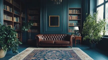 A large room with a brown couch and a black framed mirror