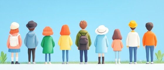 A colorful of diverse people standing together against a blue sky, representing unity and friendship.