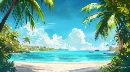 A tropical beach scene with palm trees, blue skies, and white clouds.