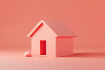A pink house with a door is on a pink background. The house is made of plastic and has a small window