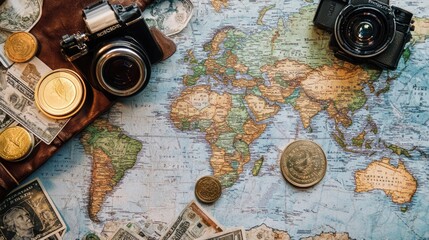 Fototapeta premium A map of the world with a camera and coins on it