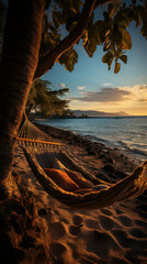 Obraz premium Cozy hammock strung between two palm trees, swaying gently on a deserted beach