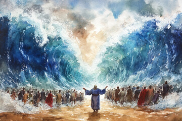 Watercolor painting of a prophet parting the sea as followers cross the dry land between the waves