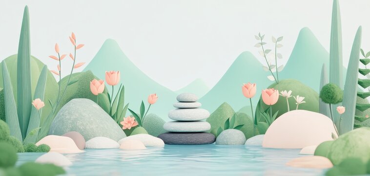 A serene landscape featuring stacked stones near tranquil water, surrounded by lush greenery and delicate flowers.