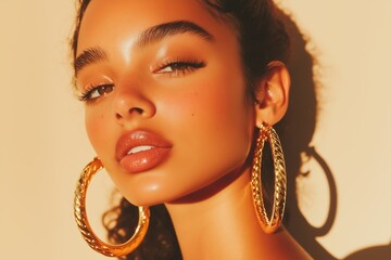 woman wearing chunky gold hoop earrings and a layered gold chain necklace, set against a soft, neutral background with warm lighting that highlights the jewelry's shine