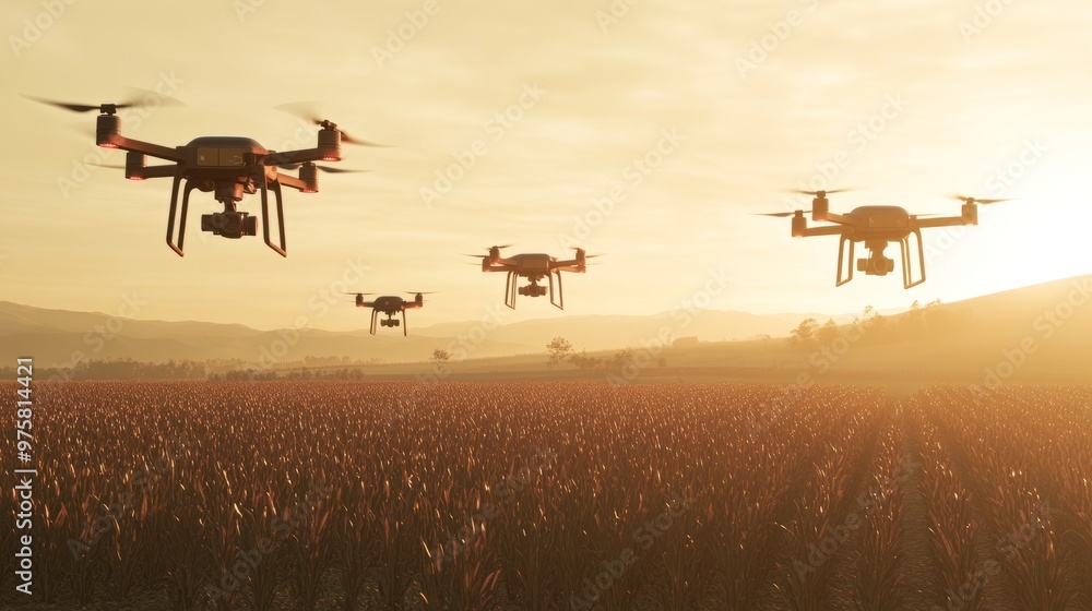 Poster a group of drones flying over different sections of a farm, collecting soil and crop data in real-ti