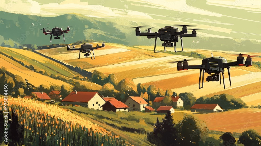 Poster a group of drones flying over different sections of a farm, collecting soil and crop data in real-ti