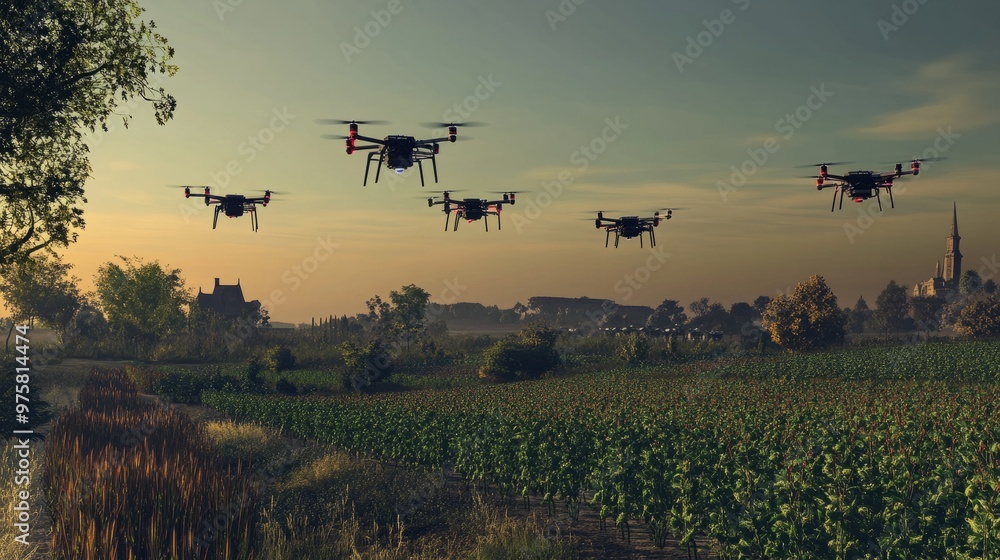 Poster a group of drones flying over different sections of a farm, collecting soil and crop data in real-ti