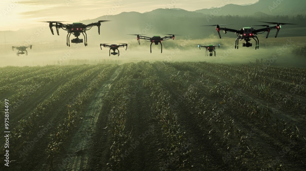 Poster a group of drones flying over different sections of a farm, collecting soil and crop data in real-ti