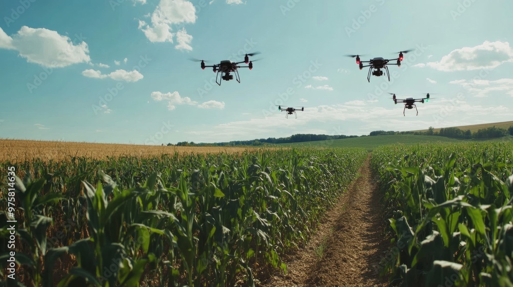 Poster a group of drones flying over different sections of a farm, collecting soil and crop data in real-ti