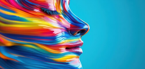 Vibrant abstract portrait showcasing colorful paint swirling across a facial profile against a turquoise background.