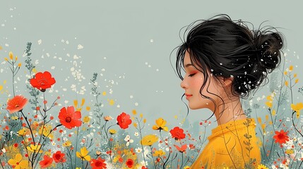 Fototapeta premium Happy Womens Day March 8! Cute cards and posters for the spring holiday. Vector illustration of a date, a woman and a bouquet of flowers
