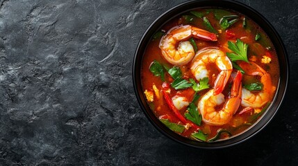 Spicy Thai Tom Yum Kung Soup with Shrimp in a Black Bowl on a Dark Background