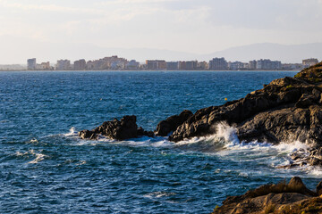 City of Roses on the horizon, on the shores of the Mediterranean Sea on the Costa Brava, Spain