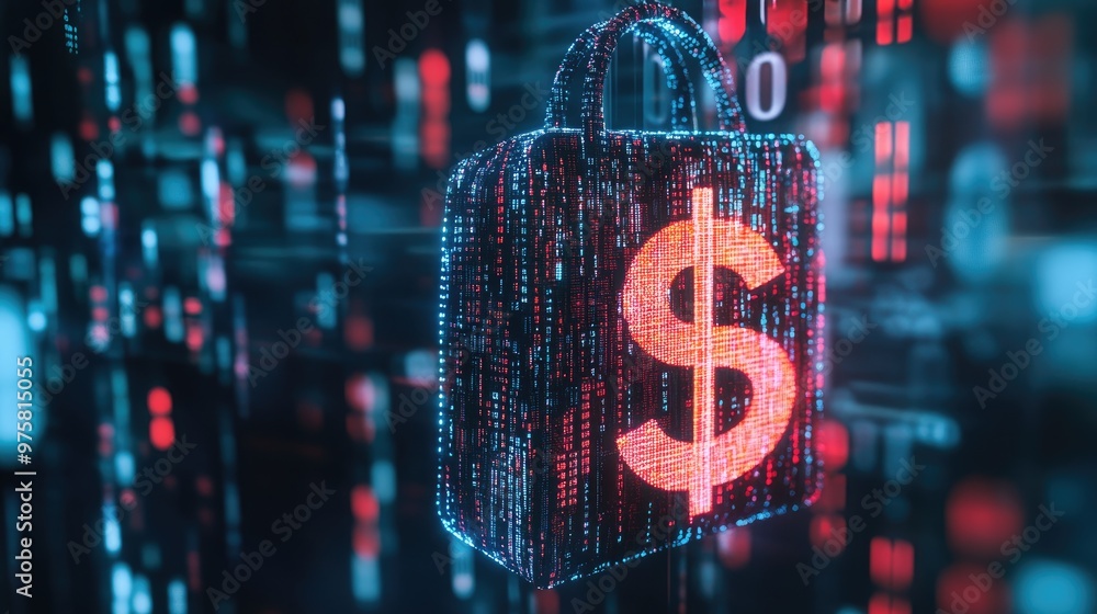 Poster futuristic digital bag with dollar sign, overlaid with binary code to visualize ai's effect on finan