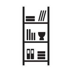 Bookshelf icon, shelves with books, black isolated on white background, vector illustration.