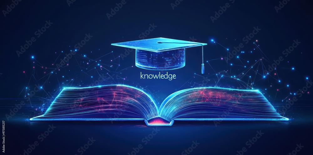 Wall mural Digital Knowledge: Open Book with Graduation Cap