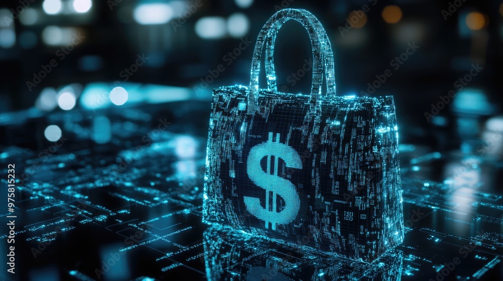 Poster futuristic digital bag with dollar sign, overlaid with binary code to visualize ai's effect on finan