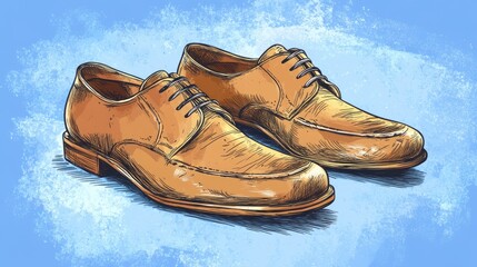 A pair of brown leather shoes with laces on a blue background.