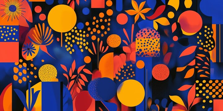 Vibrant abstract pattern featuring colorful shapes and foliage in blue, orange, and yellow.