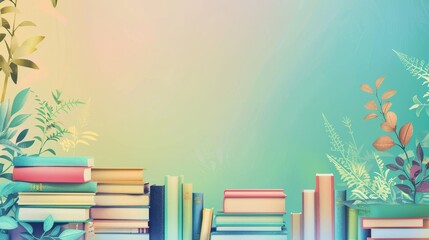 A vibrant green and orange watercolor background with a stack of colorful books and leafy plant illustrations on the sides.