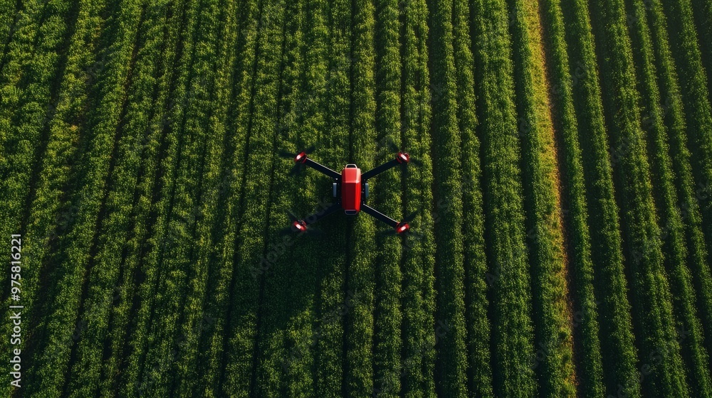 Poster aerial view of an agricultural drone mapping an expansive field, with data being collected autonomou