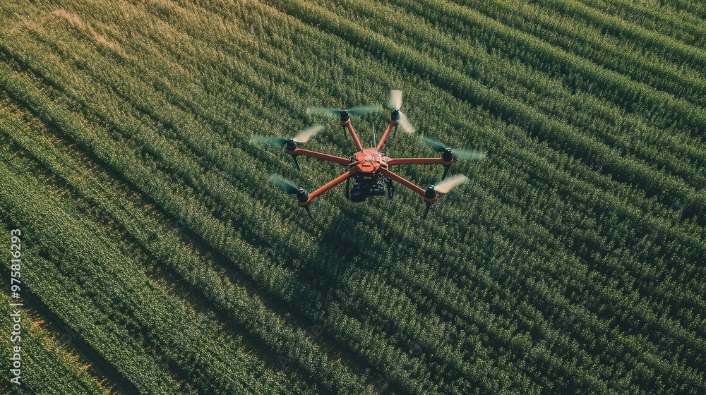 Poster aerial view of an agricultural drone mapping an expansive field, with data being collected autonomou
