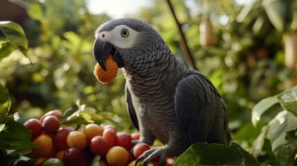 Fototapeta premium African Grey parrot chewing on a toy in its enclosure, emphasizing the birds playful and curious nature.