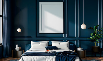 Elegant modern bedroom with navy walls and minimalist decor