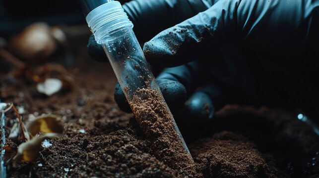 hand holding a tube with soil sample for testing, examining fertility, quality, and potential for healthy plant growth and organic farming