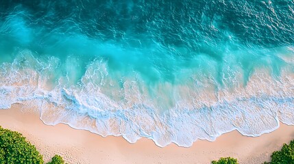 Obraz premium Aerial View of Turquoise Ocean Waves Crashing on a Sandy Beach