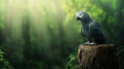 Obraz premium African Grey parrot perched on a tree stump, against a blurred green background of foliage